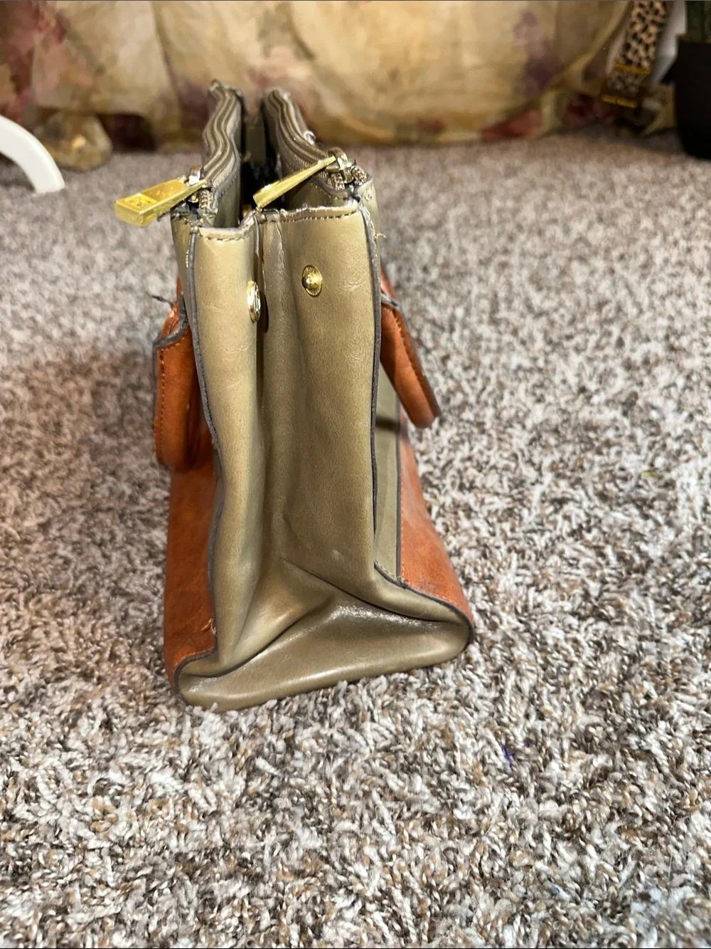 Two-Tone Olive and Tan Structured Satchel
